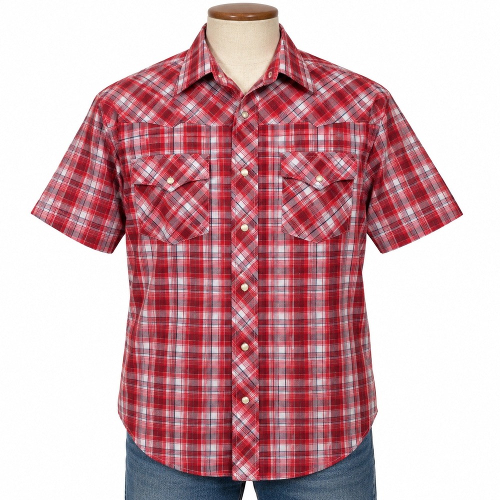 Wrangler Western Shirt Mens XL Red Plaid Short Sleeve Pearl Snap Cowboy Casual